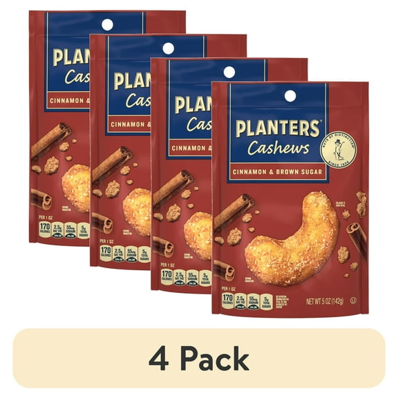 (4 pack) PLANTERS Cashews Cinnamon & Brown Sugar, Party Snacks, Plant Based Protein, 5 oz Bag