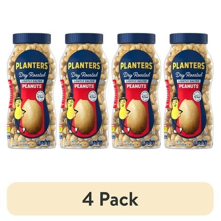 (4 pack) Planters Salted Dry Roasted Peanuts, 7g Protein (8% DV) per serving, Plant Based Protein Snacks for Adults, 16 oz Resealable Jar
