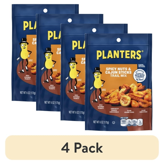 (4 pack) PLANTERS Spicy Nuts and Cajun Sticks Trail Mix with Spicy Peanuts, Plant-Based Protein, 6 oz Plastic Resealable Bag