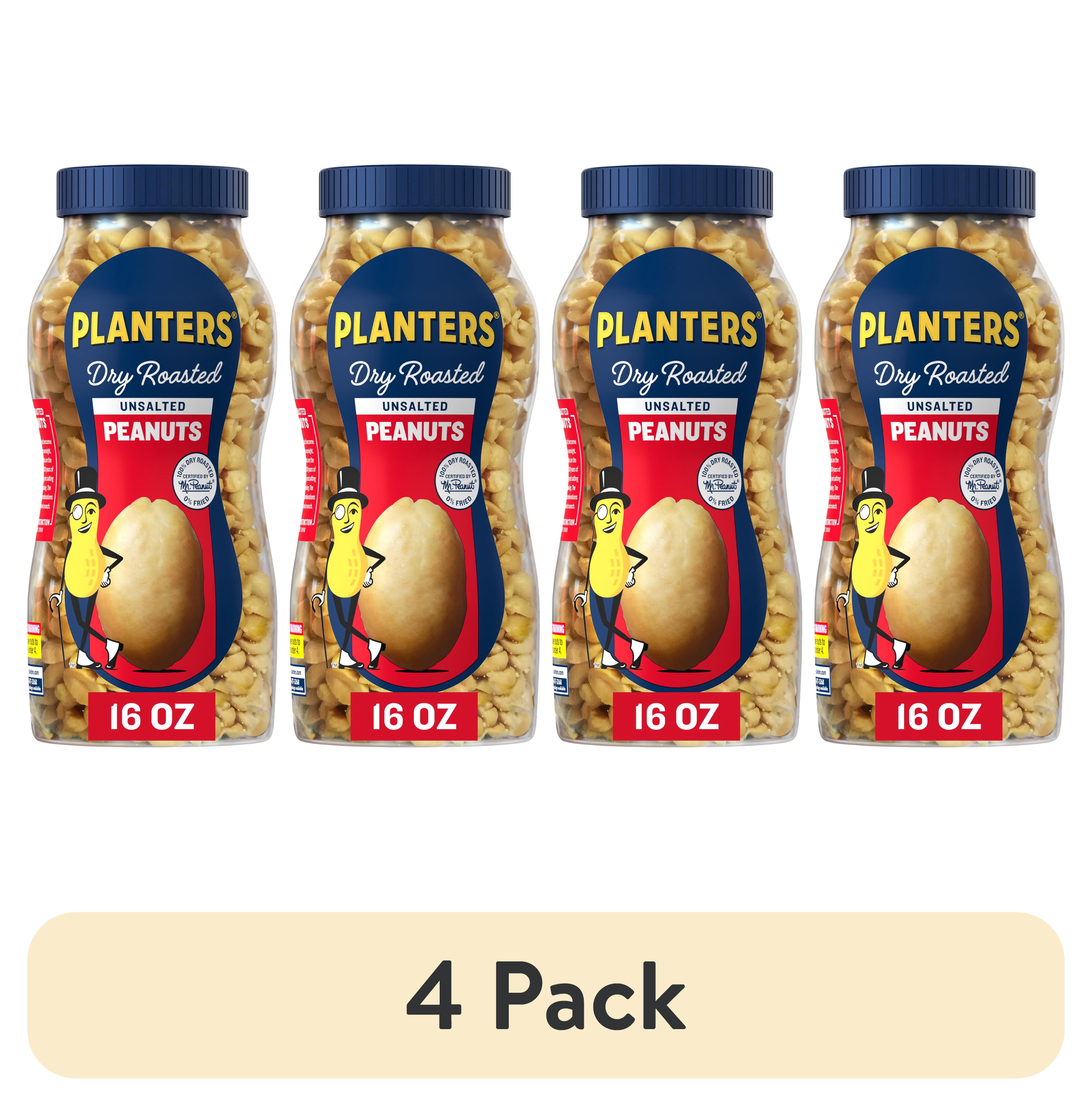 (4 pack) PLANTERS Unsalted Dry Roasted Peanuts, Snacks, Plant Based Protein, 16oz Plastic Jar