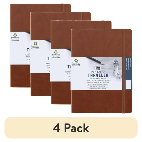 (4 pack) Pentalic 6x8 Brown Traveler Pocket Artist Drawing Journal, 160 Pages, 74 lb. Paper