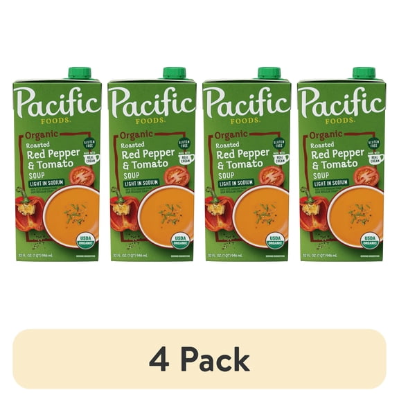 (4 pack) Pacific Foods Light in Sodium Organic Roasted Red Pepper and Tomato Soup, 32 oz Carton