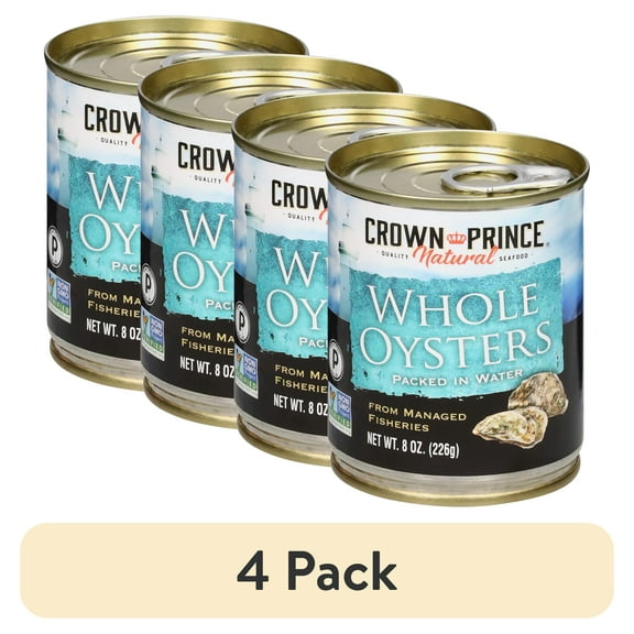 (4 pack) Crown Prince Natural Whole Oysters Packed in Water, 8 oz Can Non-GMO