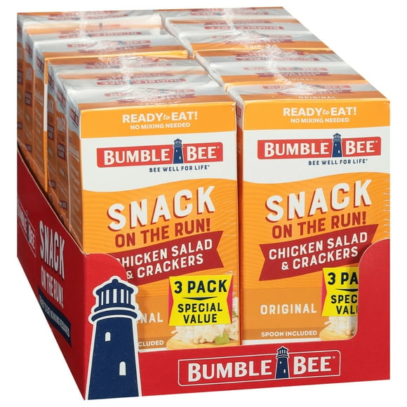 (4 pack) Bumble Bee Snack on the Run Chicken Salad with Crackers Kit, Ready to Eat, Spoon Included, Shelf Stable Box, 3.5 oz, Pack of 3