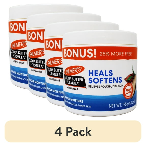 (4 pack) Palmer's Cocoa Butter Formula with Vitamin E, Body Moisturizer, Relieves Rough, Dry Skin, Smoothes Marks & Tones Skin, ("Bonus") 4.4 OZ Jar
