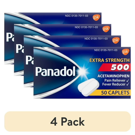 (4 pack) Panadol Extra Strength 500 mg Acetaminophen Caplets, 50 Count, Pain Relief and Fever Reducer