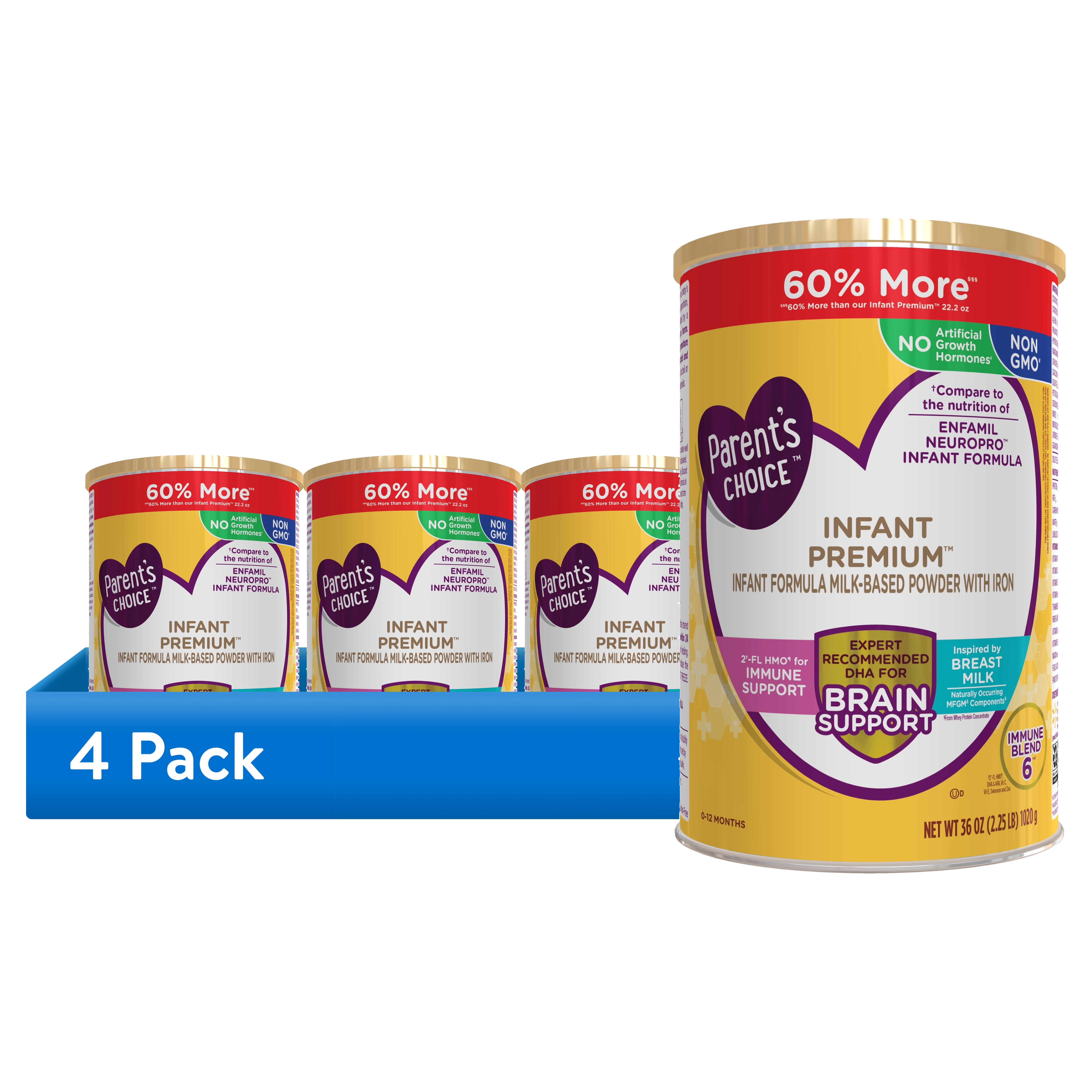 (4 pack) Parent's Choice Premium Baby Formula Milk-Based Powder, Non-GMO with Iron & DHA, 36 oz Canister