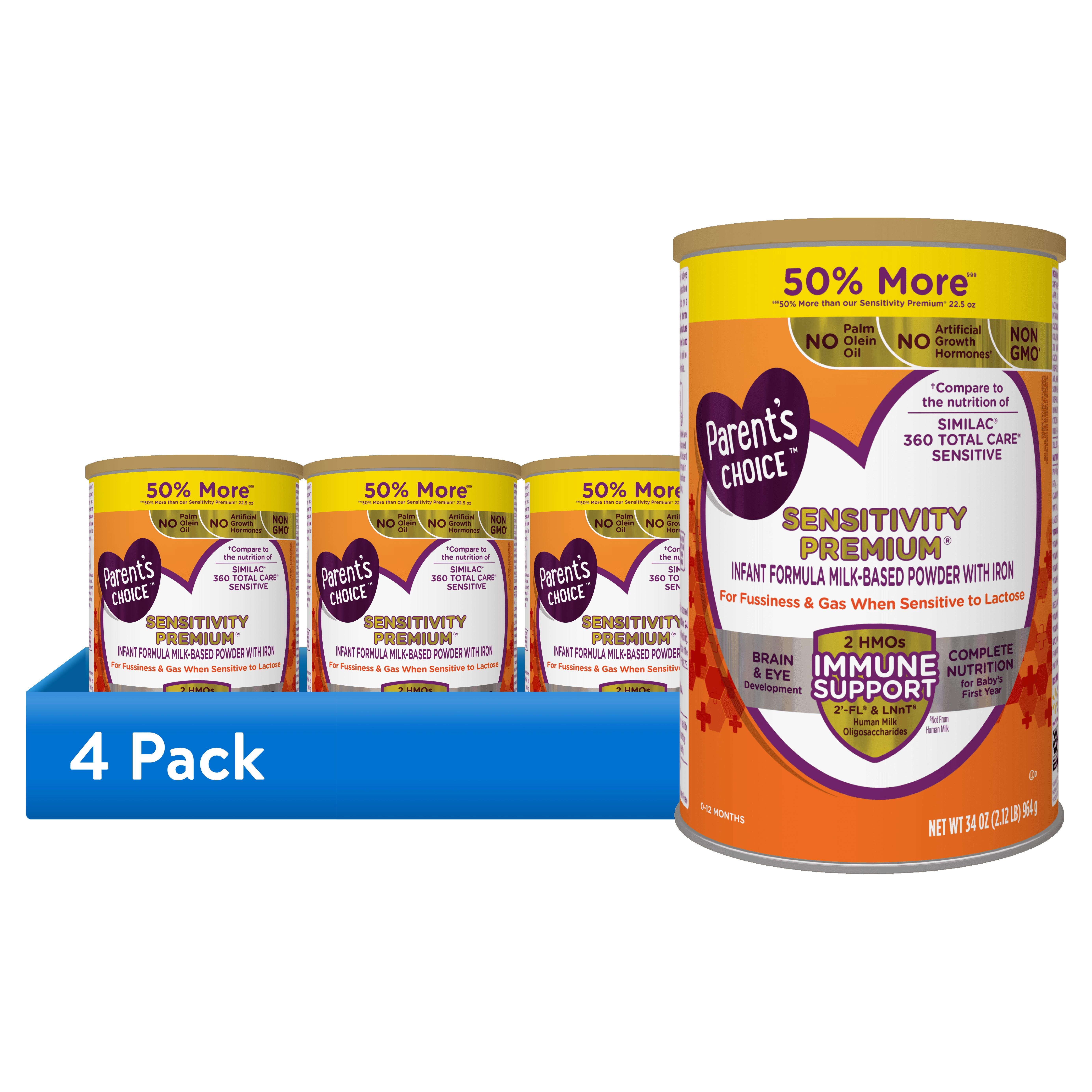 (4 pack) Parent's Choice Sensitivity Premium Baby Formula with Iron, Dual HMOs, 34 oz Canister