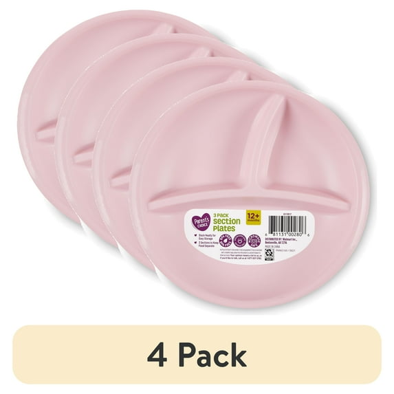 (4 pack) Parents Choice 3-Pack Compartment Section Plate, Aged 12 Months and up, Gender Neutral