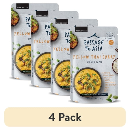 (4 pack) Passage to Asia Yellow Thai Curry Sauce, Mild Yellow Curry Stir Fry & Simmer Sauce, Just Add Coconut Milk, No Artificial Ingredients, Serves 4, 7 oz Pouch