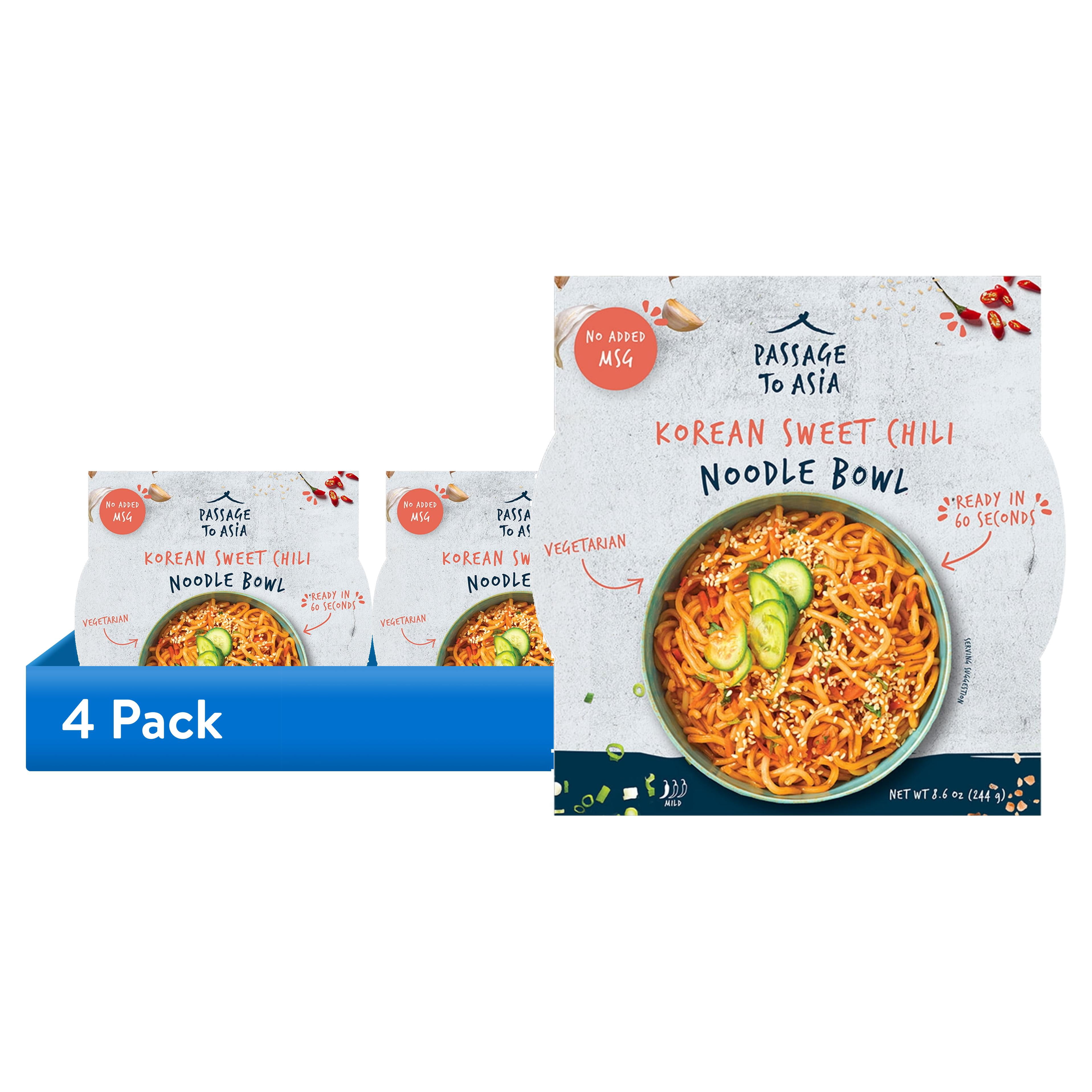 (4 pack) Passage to Asia Korean Sweet Chili Noodle Bowl, Vegetarian Asian Noodle Bowl, Ready in 60 Seconds , Shelf-Stable, No Artificial Ingredients, 8.6 oz