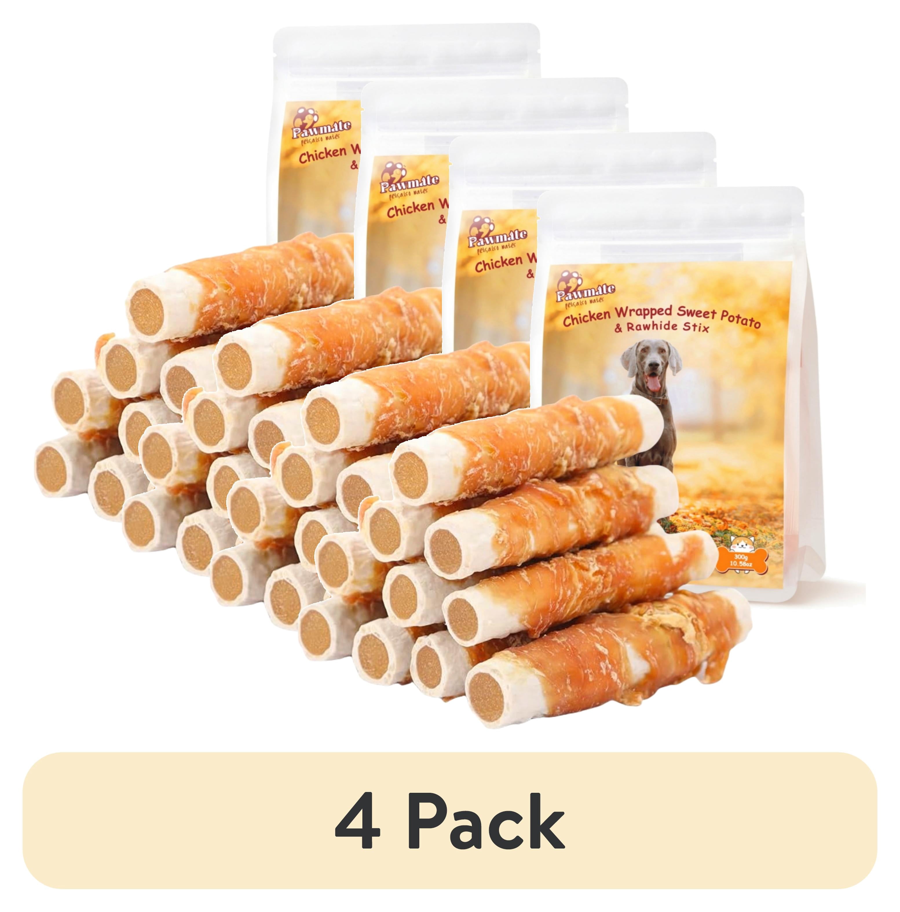 (4 pack) Pawmate Chicken Jerky & Sweet Potato Rawhide Dog Treats, Long Lasting Natural Chews for Medium Large Dogs, 6 Count