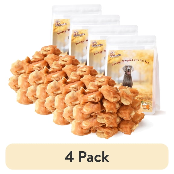 (4 pack) Pawmate Promote Digestion Natural Dog Treats, Chicken Jerky Wrapped Bananas for All Dogs, 18-19ct Bag, 11 oz