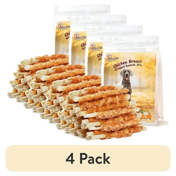(4 pack) Pawmate Rawhide Dog Treats, Chicken Wrapped Rawhide Sticks, 5 Inch Long Lasting Chewy for All Dogs, 20ct Packet