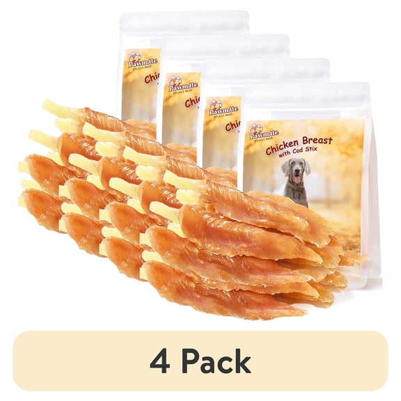 (4 pack) Pawmate Rawhide Free Dog Treats, Chicken Jerky Wrapped Cod Sticks for for All Dogs, 11 oz