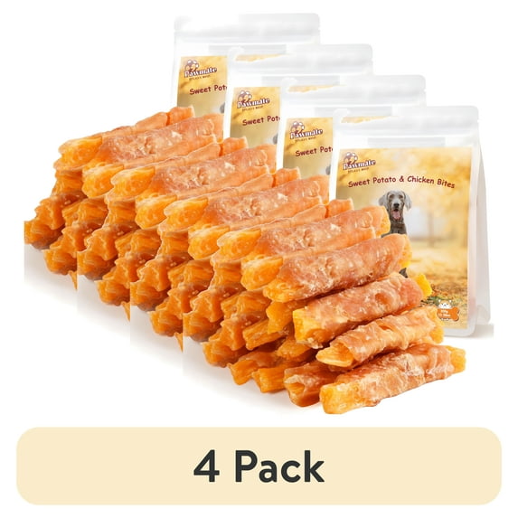(4 pack) Pawmate Sweet Potato Dog Treats, Chicken Jerky & Sweet Potato Natural Chews for All Dogs, 15 ct Packet