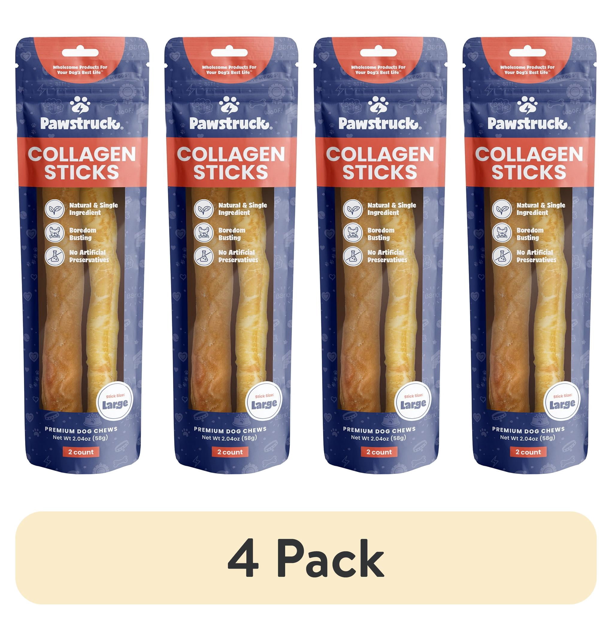 (4 pack) Pawstruck Natural Large Beef Collagen Sticks, Single Ingredient Chews for Dogs, 2pk