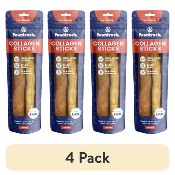 (4 pack) Pawstruck Natural Large Beef Collagen Sticks, Single Ingredient Chews for Dogs, 2pk