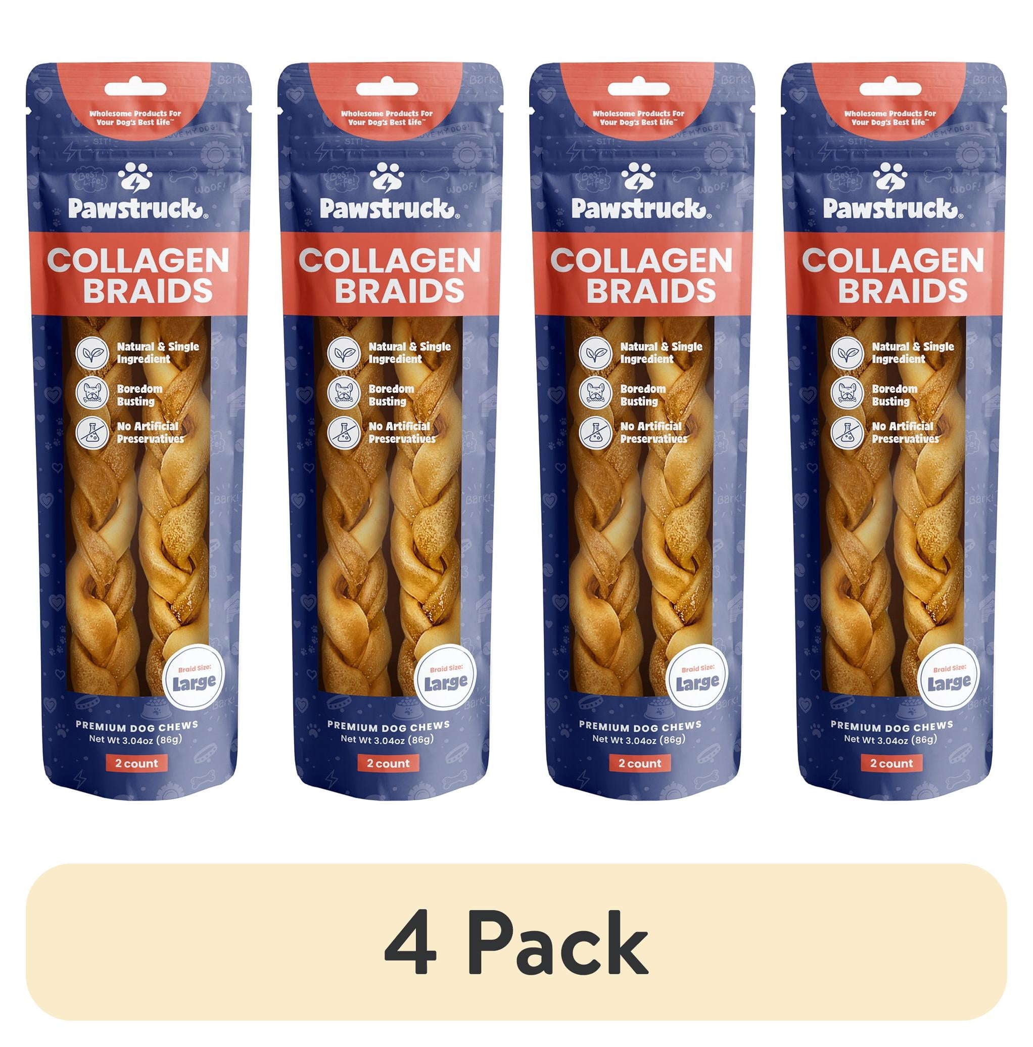 (4 pack) Pawstruck Natural Large Braided Beef Collagen Sticks, Single Ingredient Chew for Dogs, 2pk