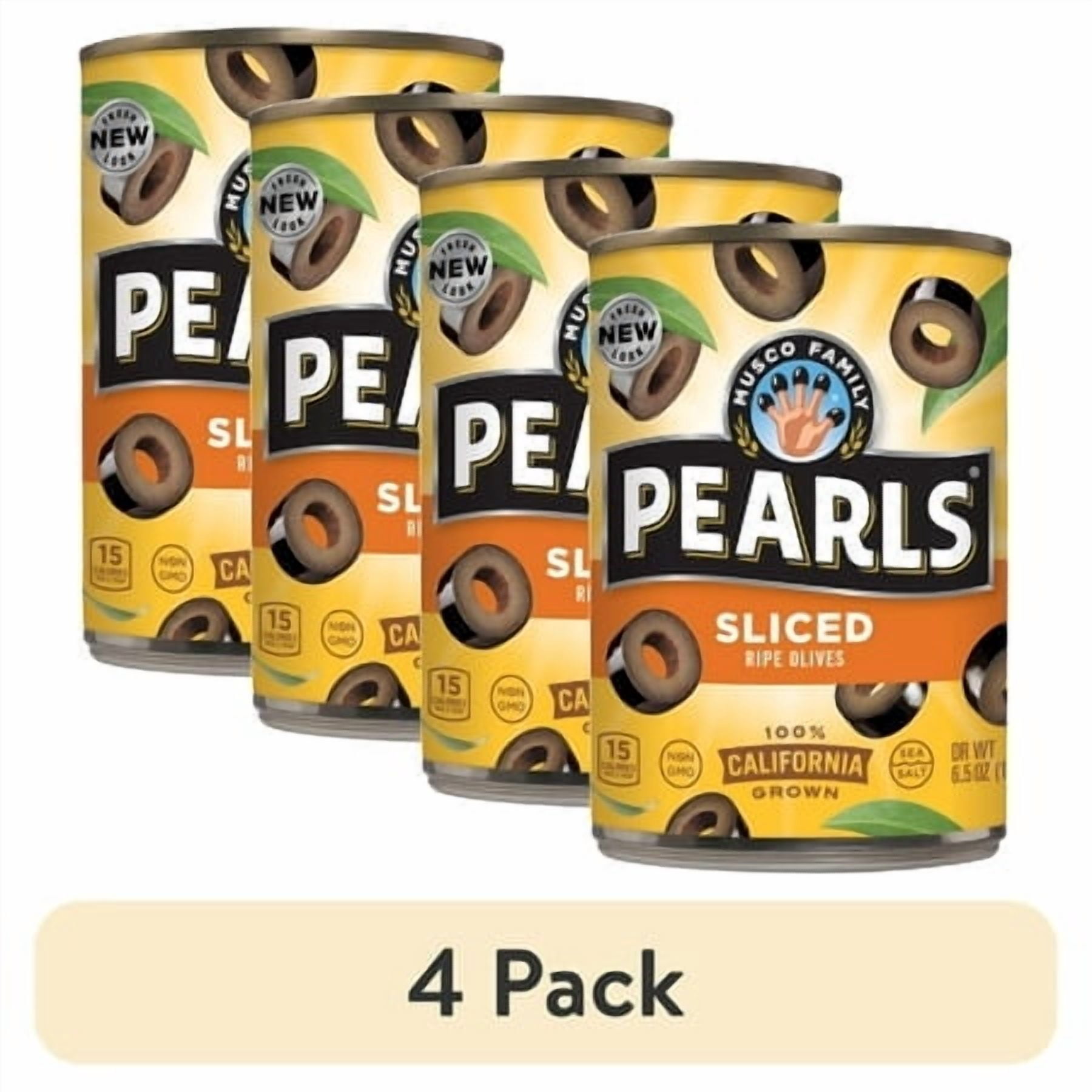 (4 pack) Pearls Sliced Black Ripe Olives, 6.5 oz. Can. No Artificial Colors. Major Allergens Not Contained.