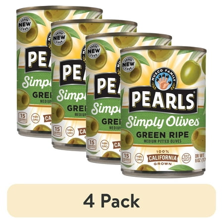 (4 pack) Pearls Simply Green Ripe Medium Pitted Olives 6 oz, Major Allergens Not Contained