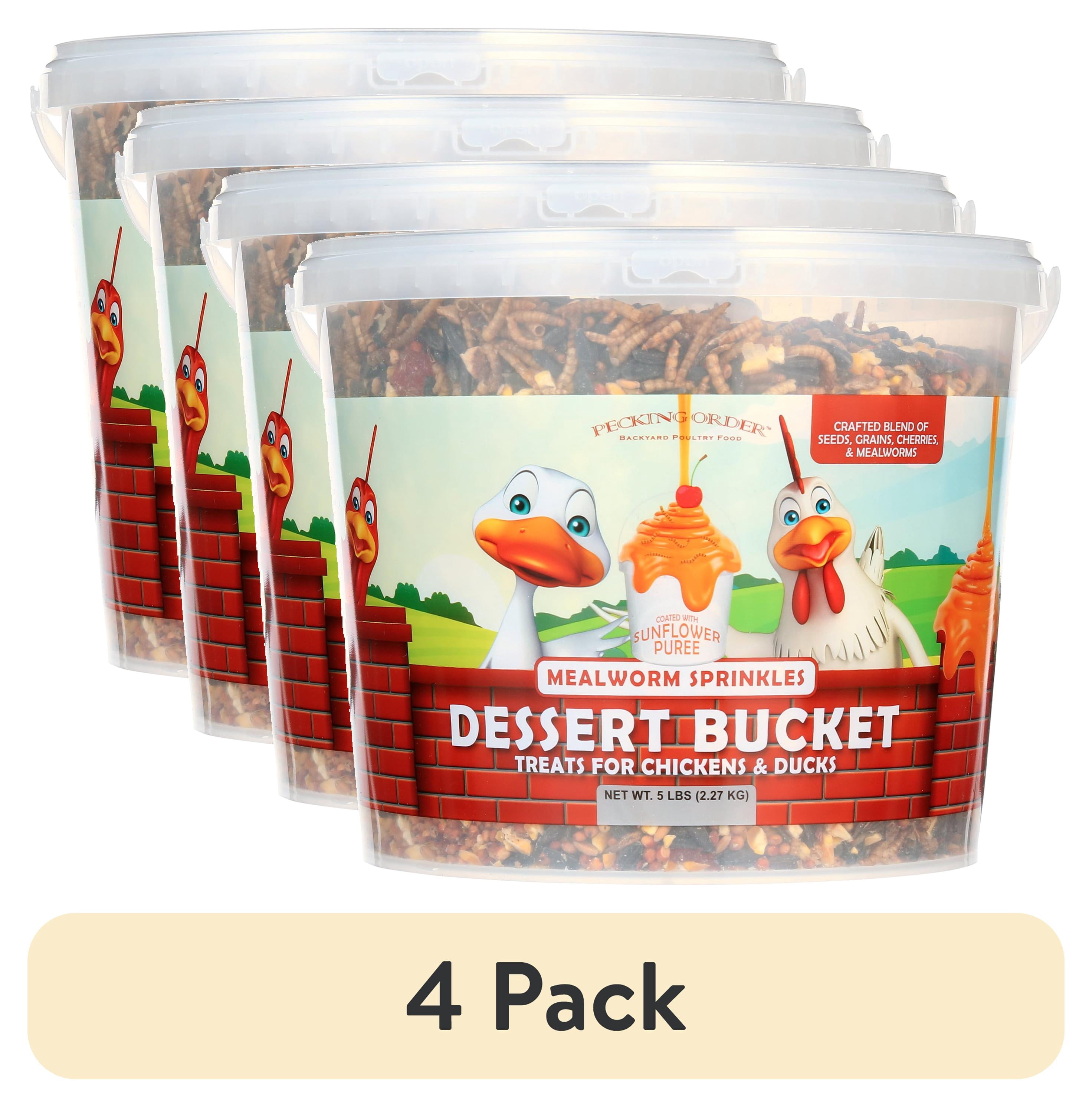 (4 pack) Pecking Order Dessert Bucket with Mealworm bits, 5 lb. for Poultry with Easy-to-Carry Handle