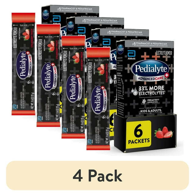 (4 pack) Pedialyte AdvancedCare Plus Electrolyte Powder, Strawberry Freeze, 6 Powder Packets