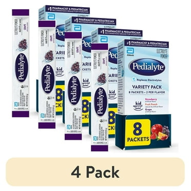 (4 pack) Pedialyte Electrolyte Powder, Variety Pack: Grape, Strawberry, Fruit Punch, and Apple, 8 Powder Packets