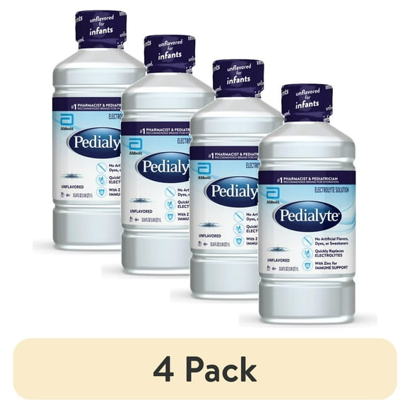 (4 pack) Pedialyte Electrolyte Drink, For Kids & Adults, Unflavored, 1 Liter