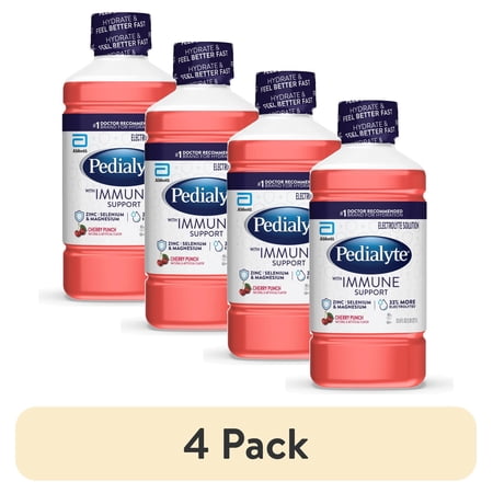 (4 pack) Pedialyte with Immune Support Electrolyte Drink, Cherry Punch, 1 Liter