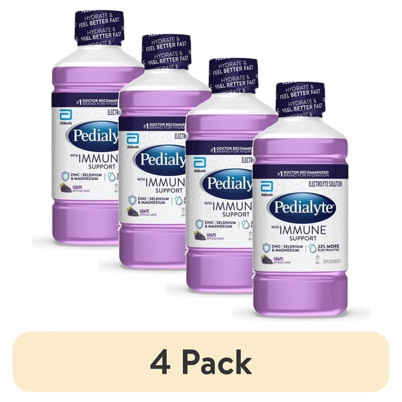 (4 pack) Pedialyte with Immune Support Electrolyte Solution, Grape, 1 Liter