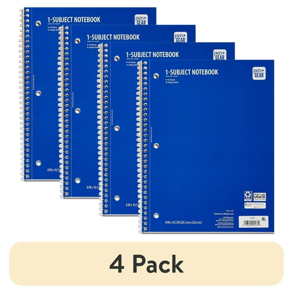 (4 pack) Pen+Gear 1-Subject Notebook, College Ruled, Blue, 70 Sheets