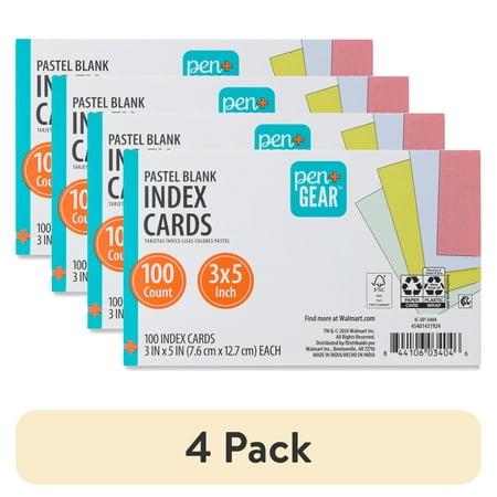 (4 pack) Pen+Gear Blank Index Cards, Pastel Colors, 100 Count, 3" x 5"