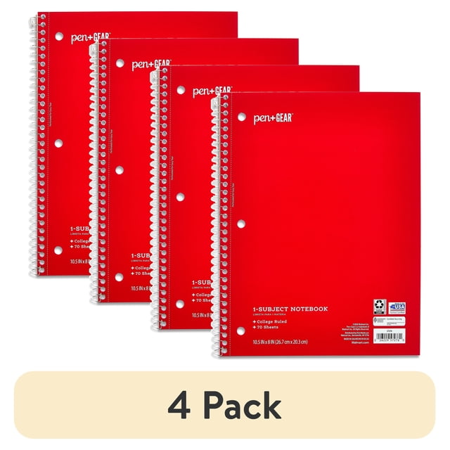 (4 pack) Pen+Gear College Ruled 1-Subject Notebook, 8" x 10.5", Red, 70 Sheets