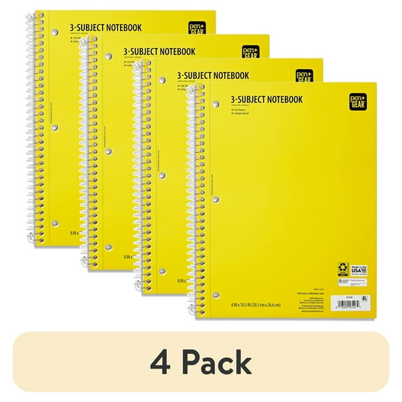 (4 pack) Pen + Gear College Ruled 3-Subject Notebook, 8" x 10.5", Yellow, 120 Sheets