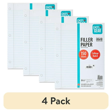 (4 pack) Pen+Gear College Ruled Filler Paper, 10.5" x 8", 150 Sheets (59156)