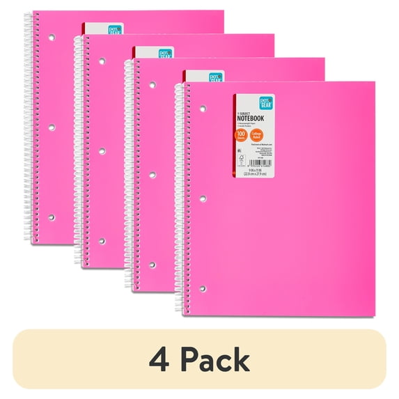 (4 pack) Pen+Gear College Ruled Poly 1-Subject Notebook with Inside Pockets, 9" x 11", Pink, 100 Heavyweight Sheets