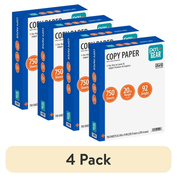 (4 pack) Pen+Gear Copy Paper, White, 8.5" x 11", 20 lb., 92 Bright, 1 Ream (750 Sheets)