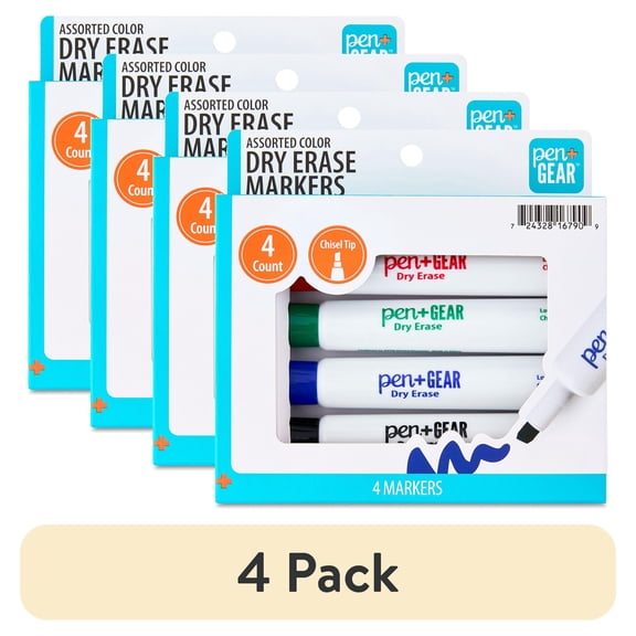 (4 pack) Pen+Gear Dry Erase Markers, Chisel Tip, Assorted Colors, 4 Count