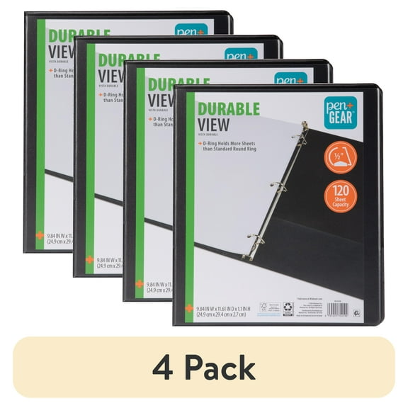 (4 pack) Pen  Gear Durable View Binder, 1/2‑Inch D‑Ring, Black, 1‑Pack, 120‑Sheet Capacity