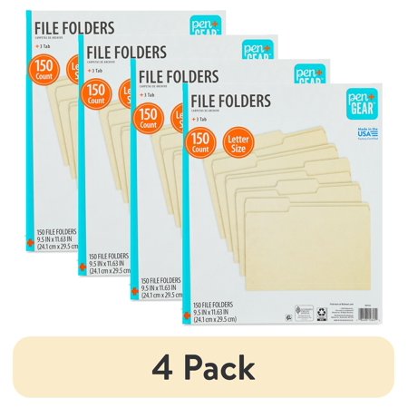 (4 pack) Pen+Gear File Folders, Letter, Manila, 1/3 Cut, 150 Count