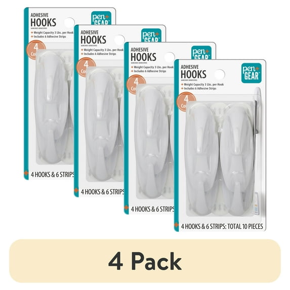 (4 pack) Pen+Gear Plastic Adhesive Medium Wall Hooks, Damage Free, White, 4 Count