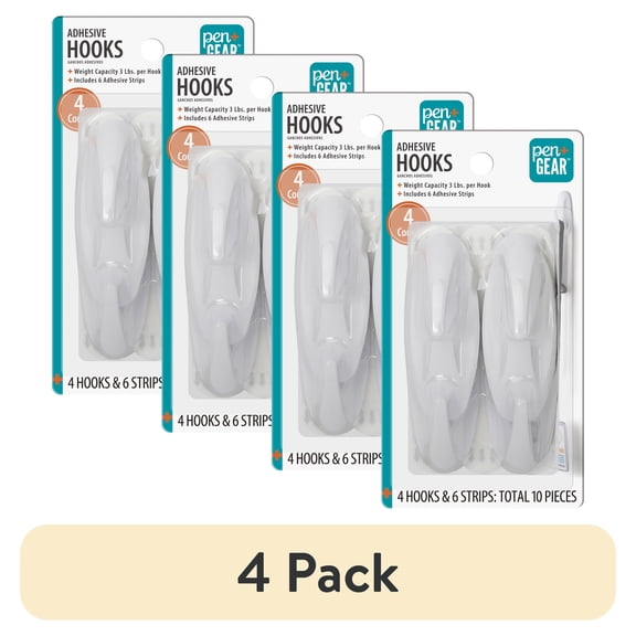 (4 pack) Pen+Gear Plastic Adhesive Medium Wall Hooks, Damage Free, White, 4 Count