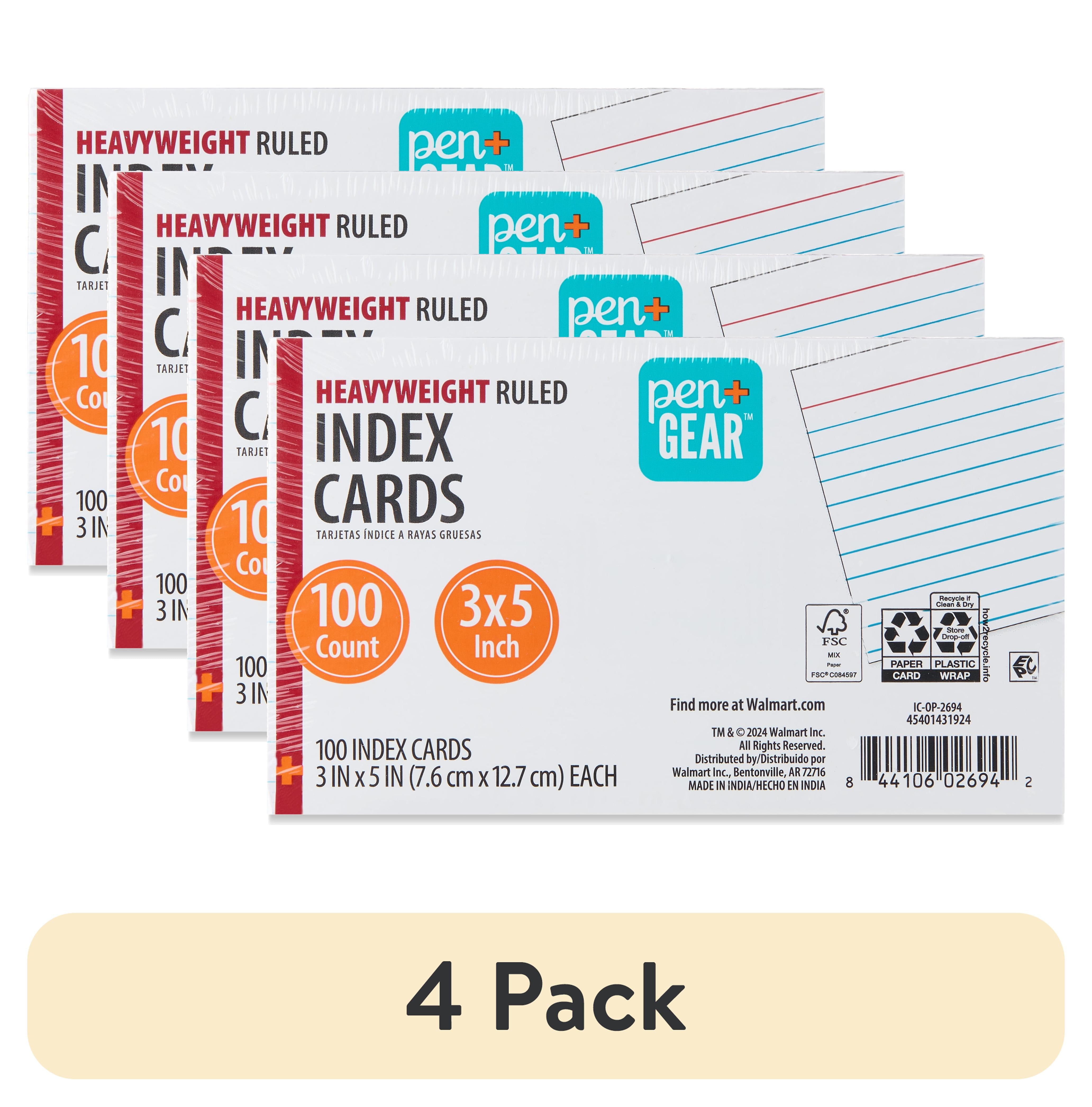 (4 pack) Pen+Gear Heavyweight Ruled Index Cards, White, 100 Count, 3" x 5"