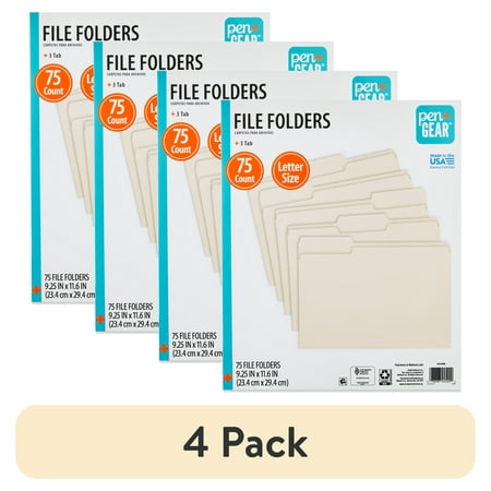 (4 pack) Pen+Gear Letter Size 1/3 Cut File Folders, 75 Count, Manila