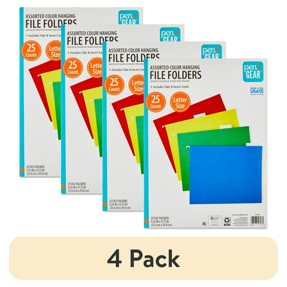(4 pack) Pen+Gear Letter Size Hanging File Folders, 25 Count, Assorted Colors