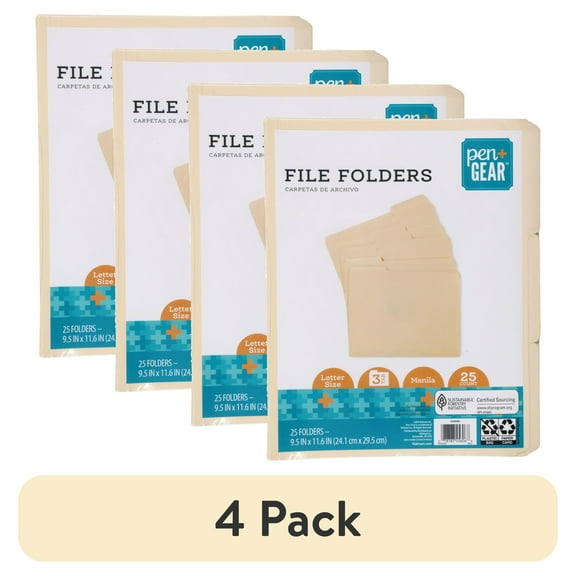 (4 pack) PEN+GEAR File Folders, 1/3 Tabs, Manila, Letter, 25 per Pack