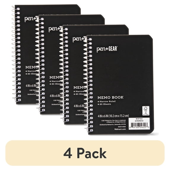 (4 pack) Pen+Gear Memo Book, 4x6, Narrow Ruled, 80 Sheets, Black, Spiral Bound, Paper Cover