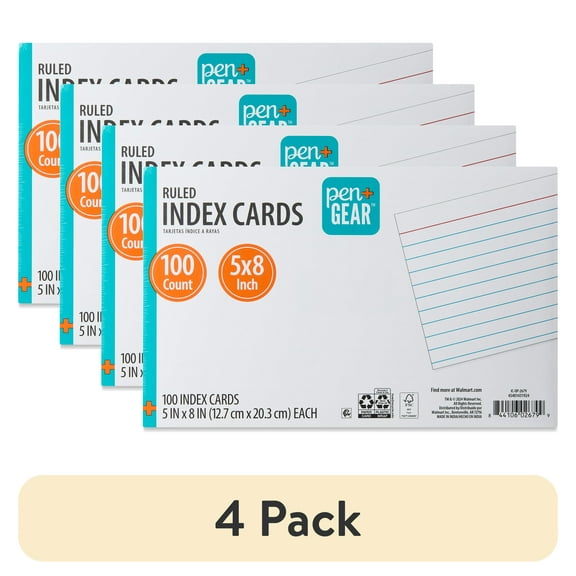 (4 pack) Pen+Gear Ruled Index Cards, White, 5"x 8", 100 Count