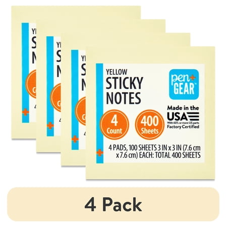 (4 pack) Pen + Gear Sticky Notes Yellow, 3 in. x 3 in. 100 Sheets/Pad, 4 Pads/Pack